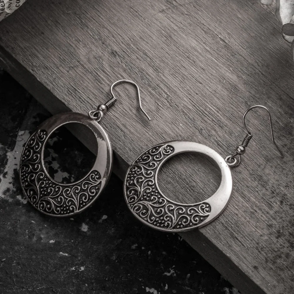 Antiqued Gunmetal Boho Circle Dangle Earrings